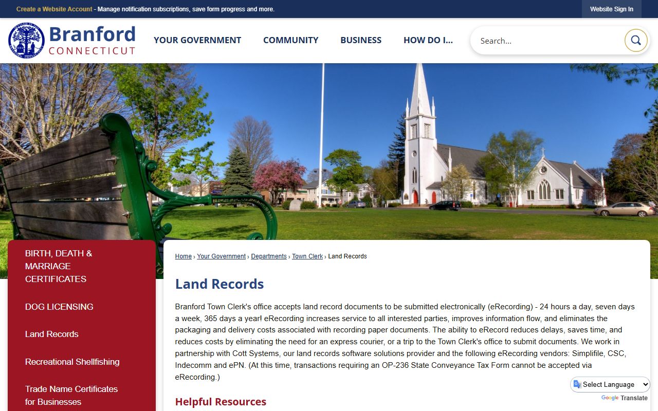 Branford Town Clerk land records portal