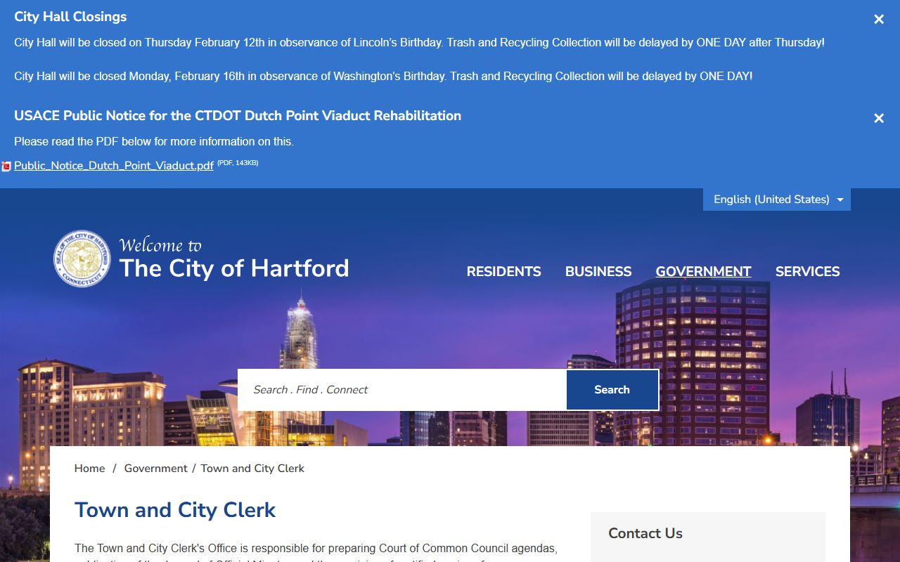 Hartford County Clerk Hartford office website showing deed records search