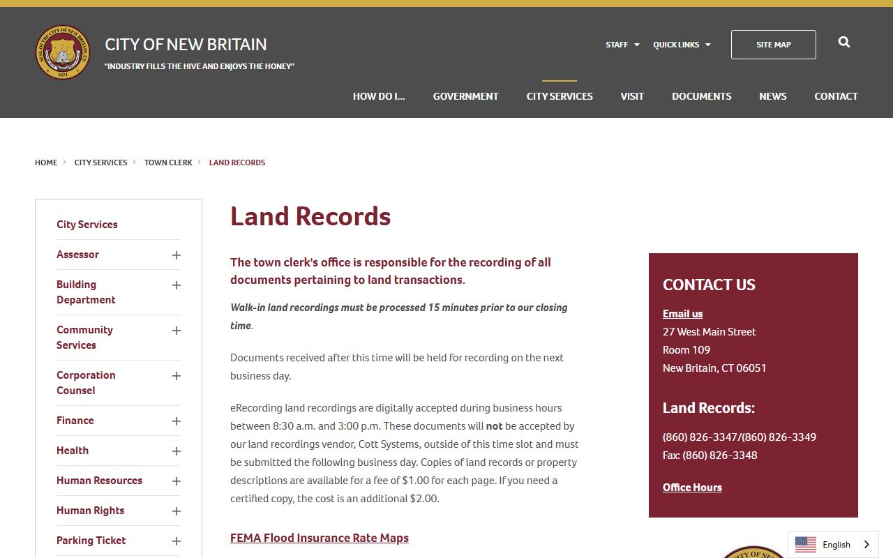 New Britain Town Clerk land records information page