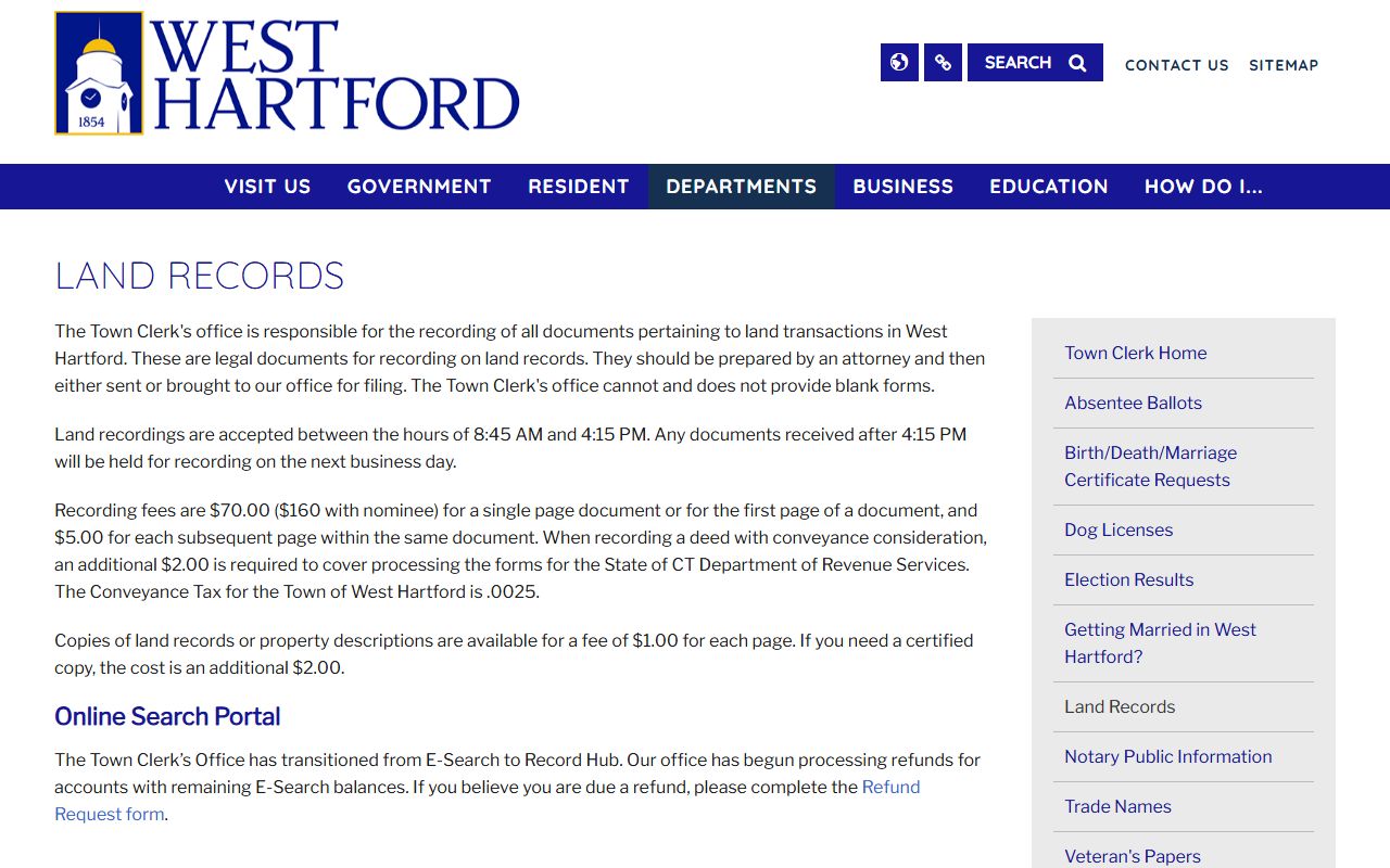 West Hartford Town Clerk land records page