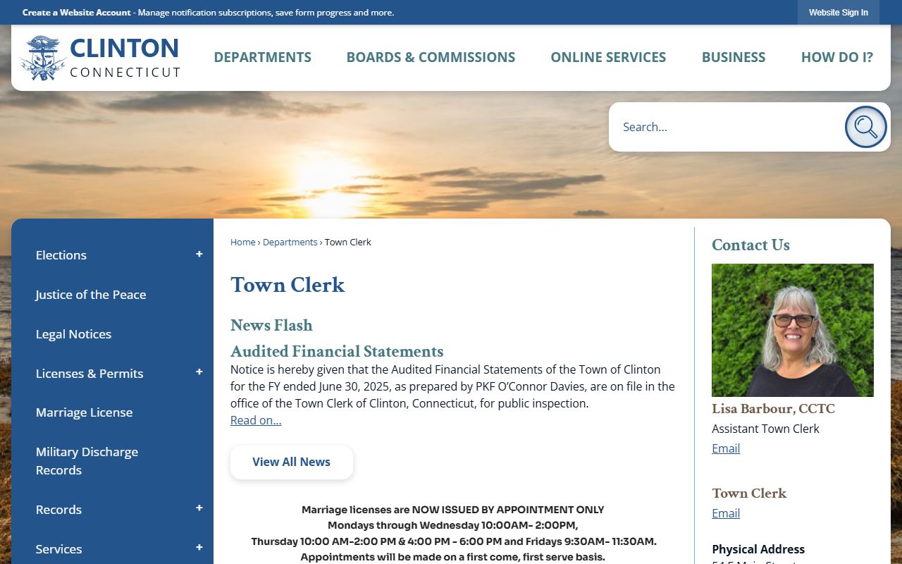 Clinton Town Clerk land records office in Middlesex County