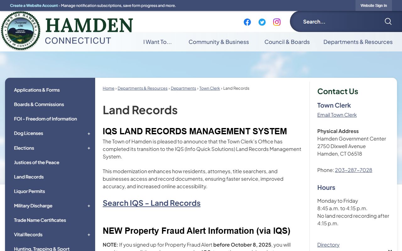 Hamden town clerk land records page with instructions for searching New Haven County property documents