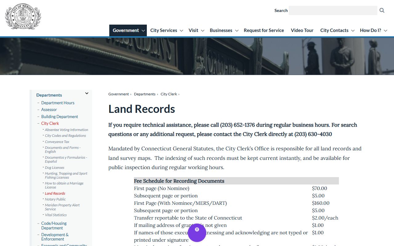 Meriden city clerk land records page displaying search tools and access options for New Haven County deeds