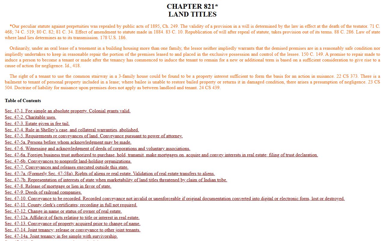 Connecticut land title statutes applicable to Litchfield County