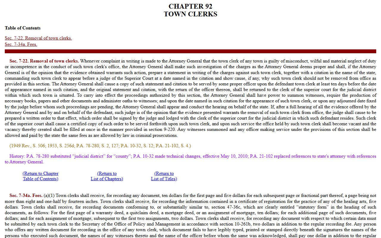 Connecticut Town Clerk statutes for Hartford deed records