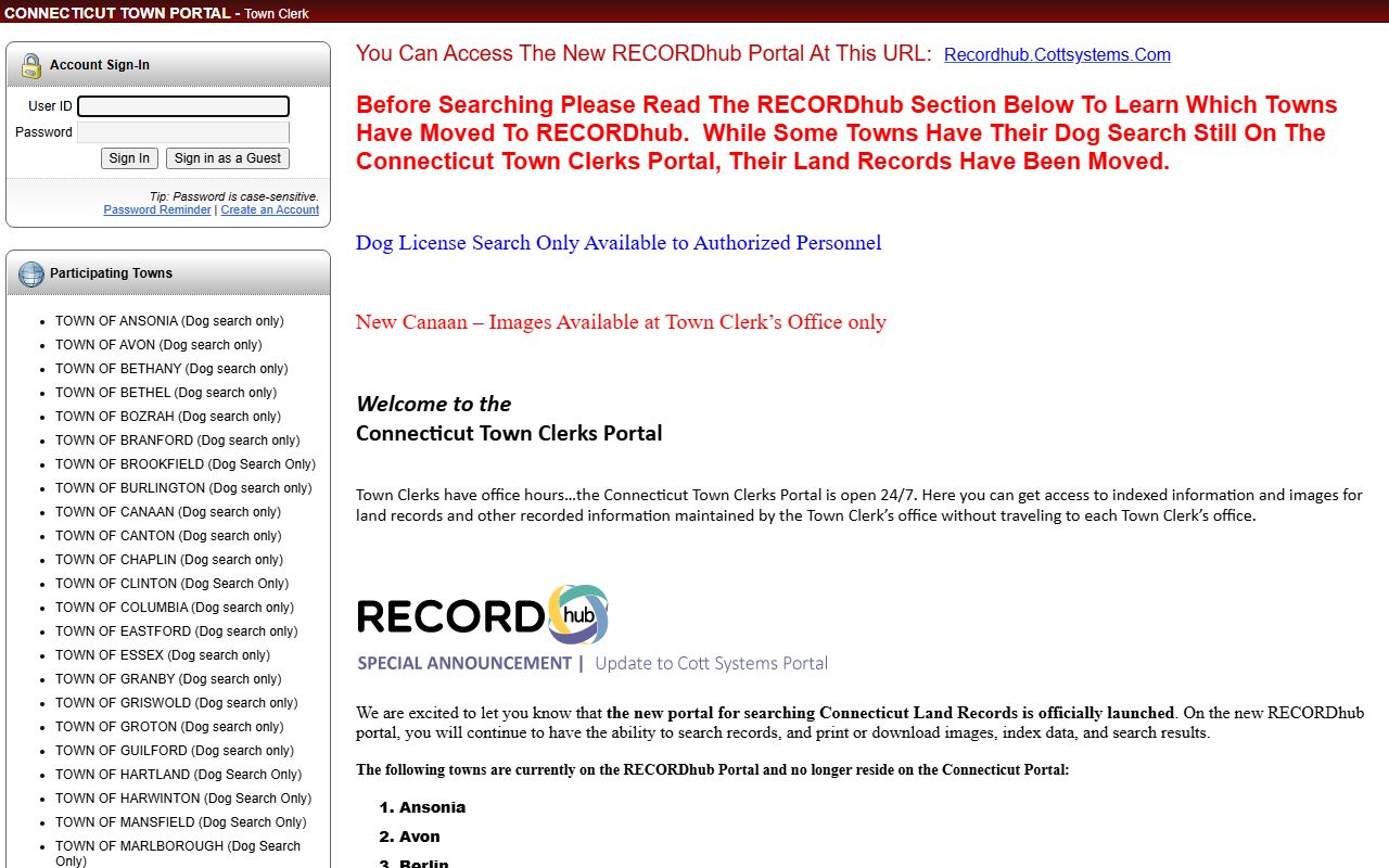Connecticut Town Clerks Portal showing statewide land records access